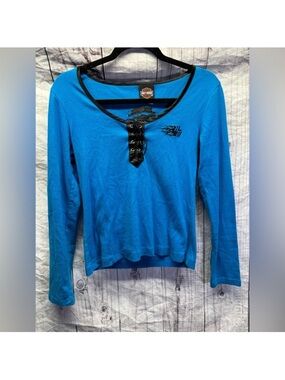 Vintage Y2K Harley-Davidson Women's Blue Lace-Up Long Sleeve Top